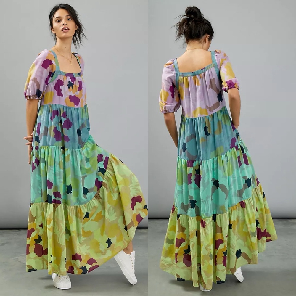 ANTHROPOLOGIE Caroline Floral Cotton Silk Blend Tiered Maxi Dress Medium Pockets